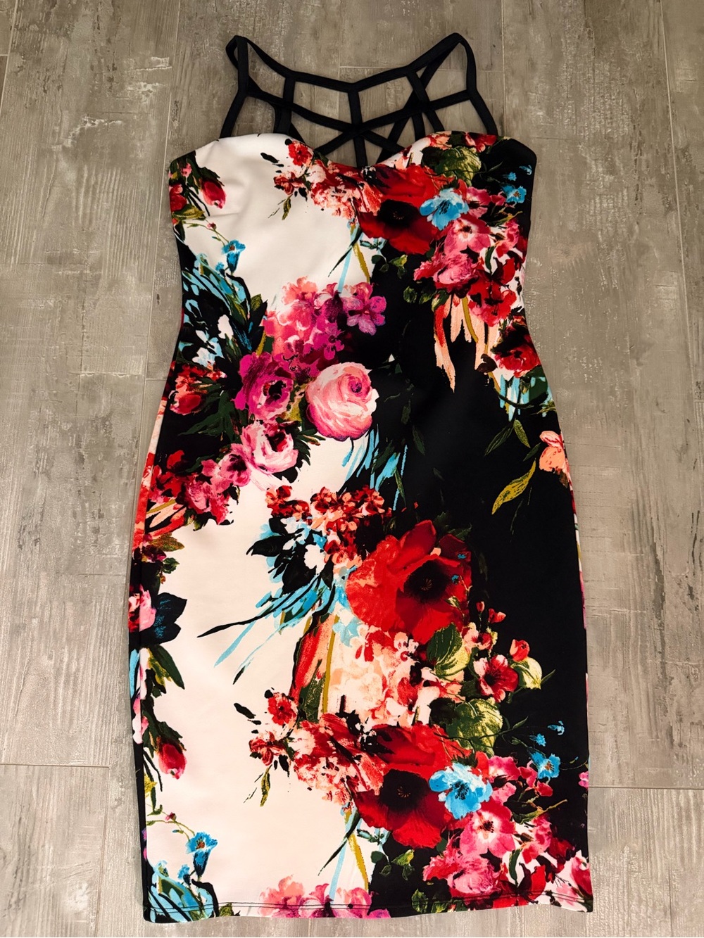 VENUS Black & White Floral Strappy Bodycon Mini Dress